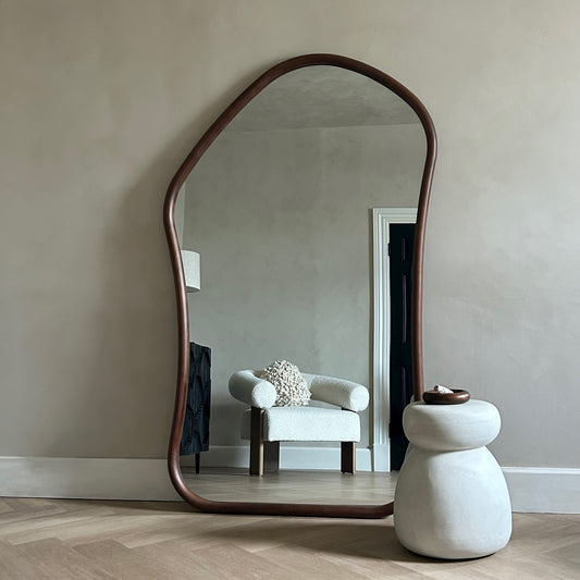 Extra Large Full Length Dark Wood Irregular Mirror leaning against a wall