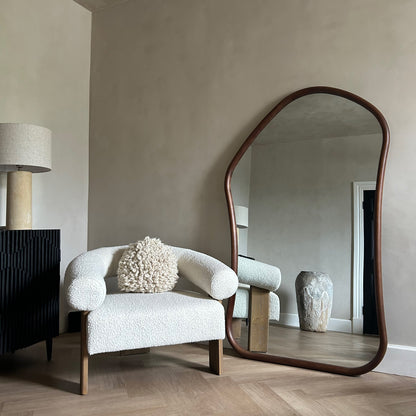 Extra Large Full Length Light Wood Irregular Mirror beside chair