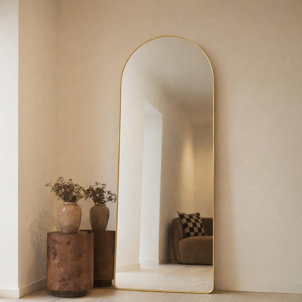 Espejo Pinterest – Espejo de cuerpo entero con diseño curvado y soporte de metal dorado (170 cm x 70 cm | 9 kg)