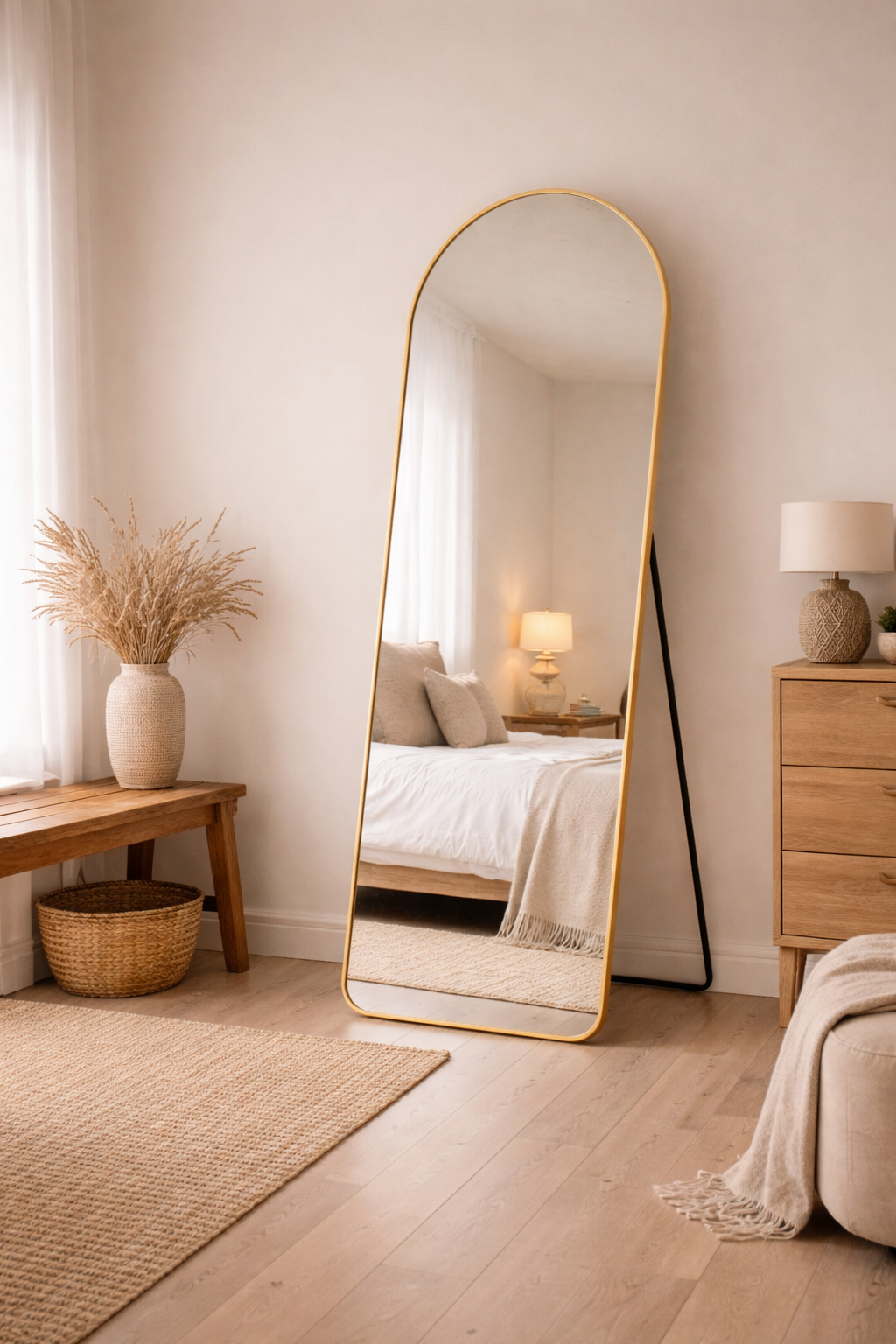 Espejo Pinterest – Espejo de cuerpo entero con diseño curvado y soporte de metal dorado (170 cm x 70 cm | 9 kg)
